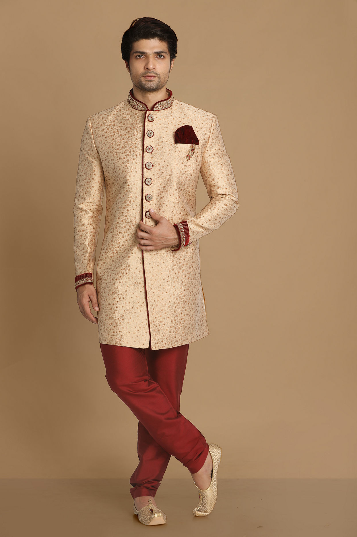 alt message - Manyavar Men Fashionable Fawn Indo Western Set image number 1